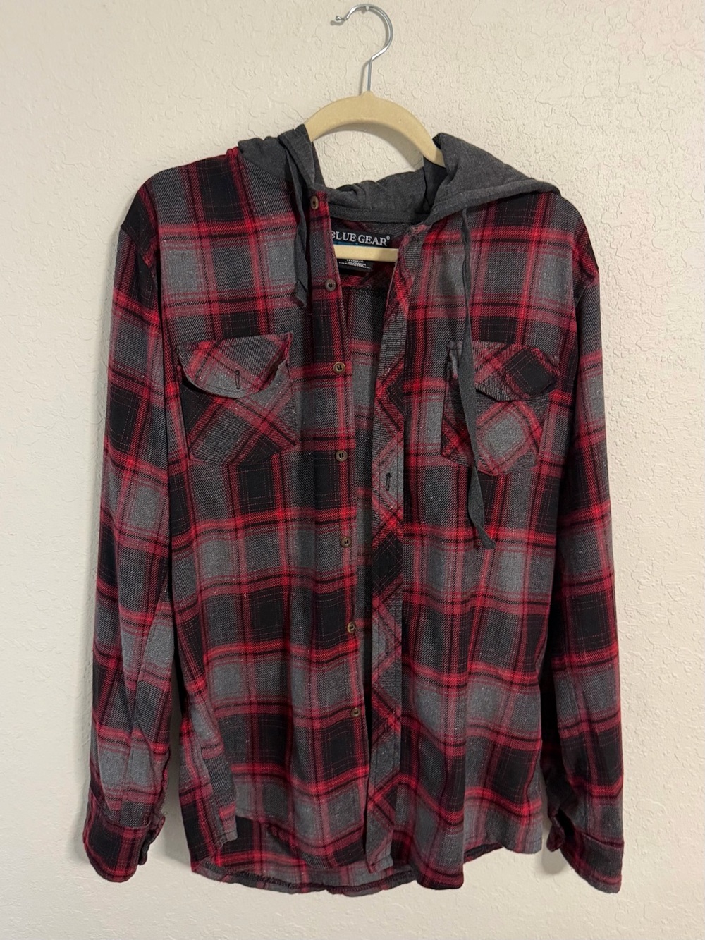 BLUE GEAR Black  Red Gray  Plaid Hooded Flannel Button-Front Shirt Medium